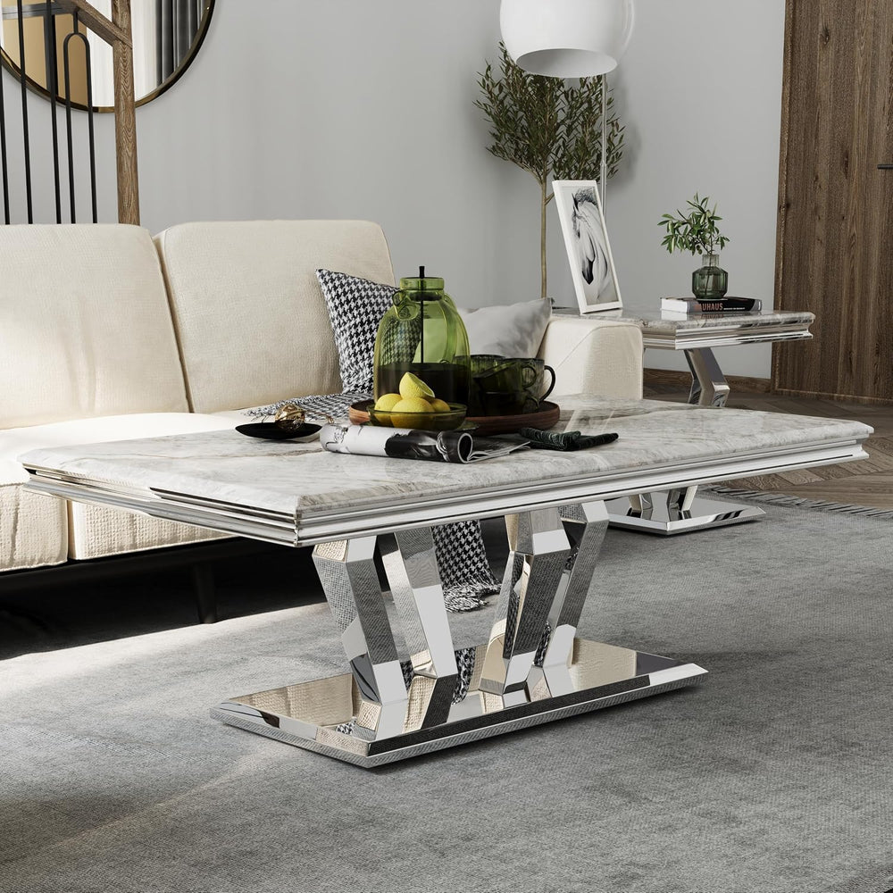 ACEDÉCOR 2 Piece Coffee Table Set with End Table, Modern White and Silver Liv...