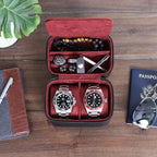 ROTHWELL Gift Set 6 Slot Leather Watch Box and 2 Watch Travel Case - Luxury Case Organizer, Microsuede Liner, Locking Mens Jewelry Watches Holder, Storage Boxes Glass Top (Black/Red Gift Set)