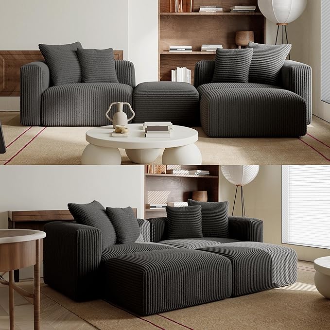 Acanva Corduroy Convertible Modular L Shaped Sectional Sofa, 4 Seater Free Combination Corner Couch, Convertible to DayBed, Wide Loveseat with Moveable Ottomans for Small Spaces, Sleeper Bed, Black