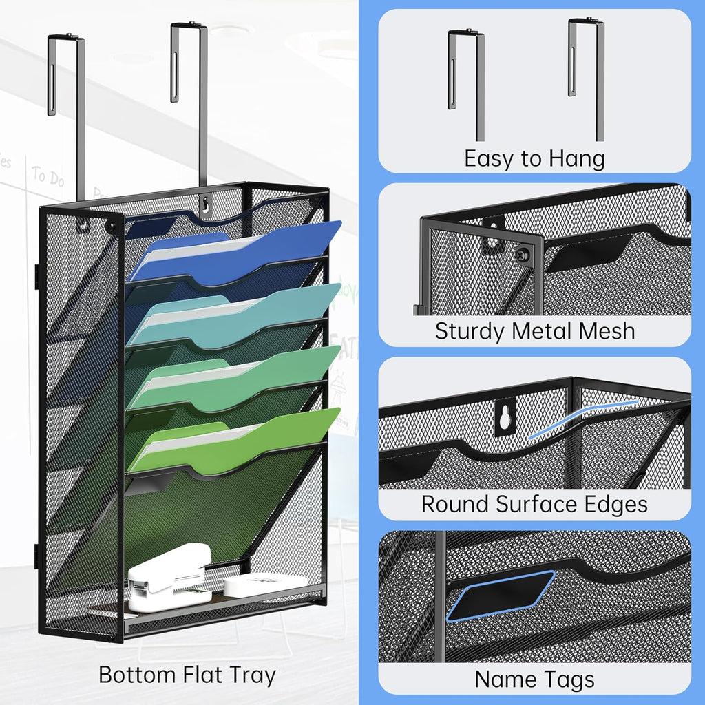 Kuntine.B Wall File Organizer Office Hanging Magazine Holder Wall File Organizer for Office Home (Black, 6 Tier & Hangers)