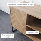 Nathan James Dylan Media Console Cabinet or TV Stand with Doors for Hidden Storage in a Natural Reclaimed Oak Herringbone Wood Pattern and Metal, Oak/Matte Black