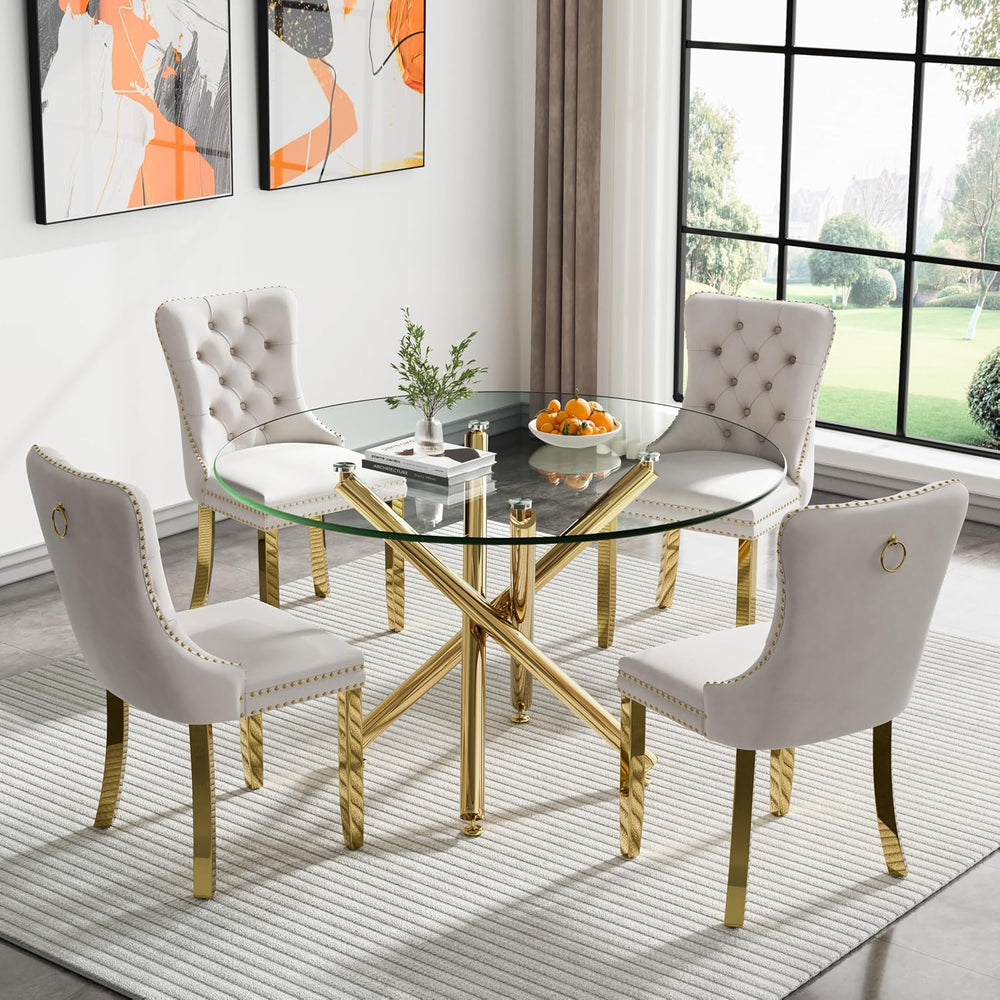 Round Glass Dining Table Set for 4, Small Kitchen Table Set for 4, 47" C...