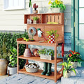 Merax 65" Large Wooden Farmhouse Rustic Outdoor Potting Bench Table with 4 Storage Shelves and Side Hook, Patio Workstation, for Garden, Backyard, Natural