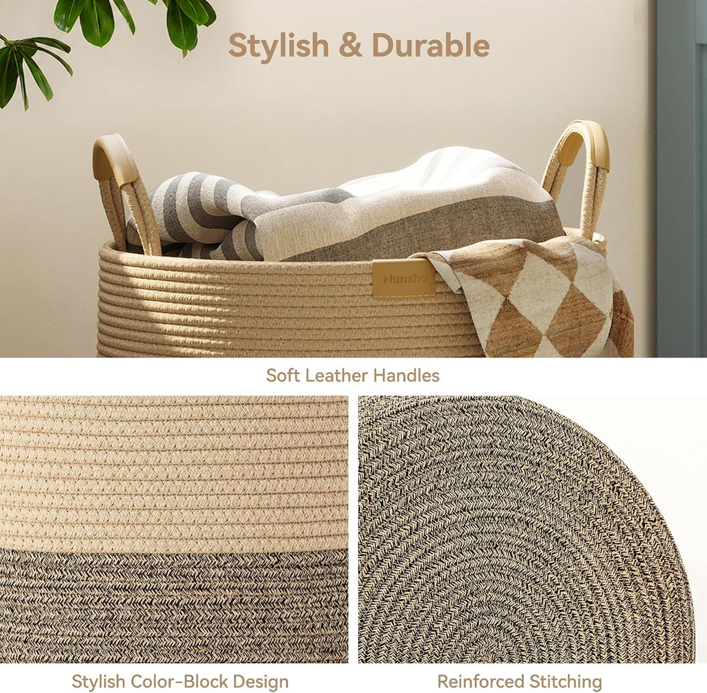 Nunsino 115L Woven Blanket Basket with Leather Handles, Cotton Rope Laundry Basket Hamper,Decorative Nursery Basket Toy Storage Basket for Kids, Living Room, Bedroom, Dark Brown Stripes