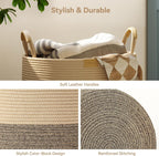 Nunsino 115L Woven Blanket Basket with Leather Handles, Cotton Rope Laundry Basket Hamper,Decorative Nursery Basket Toy Storage Basket for Kids, Living Room, Bedroom, Dark Brown Stripes