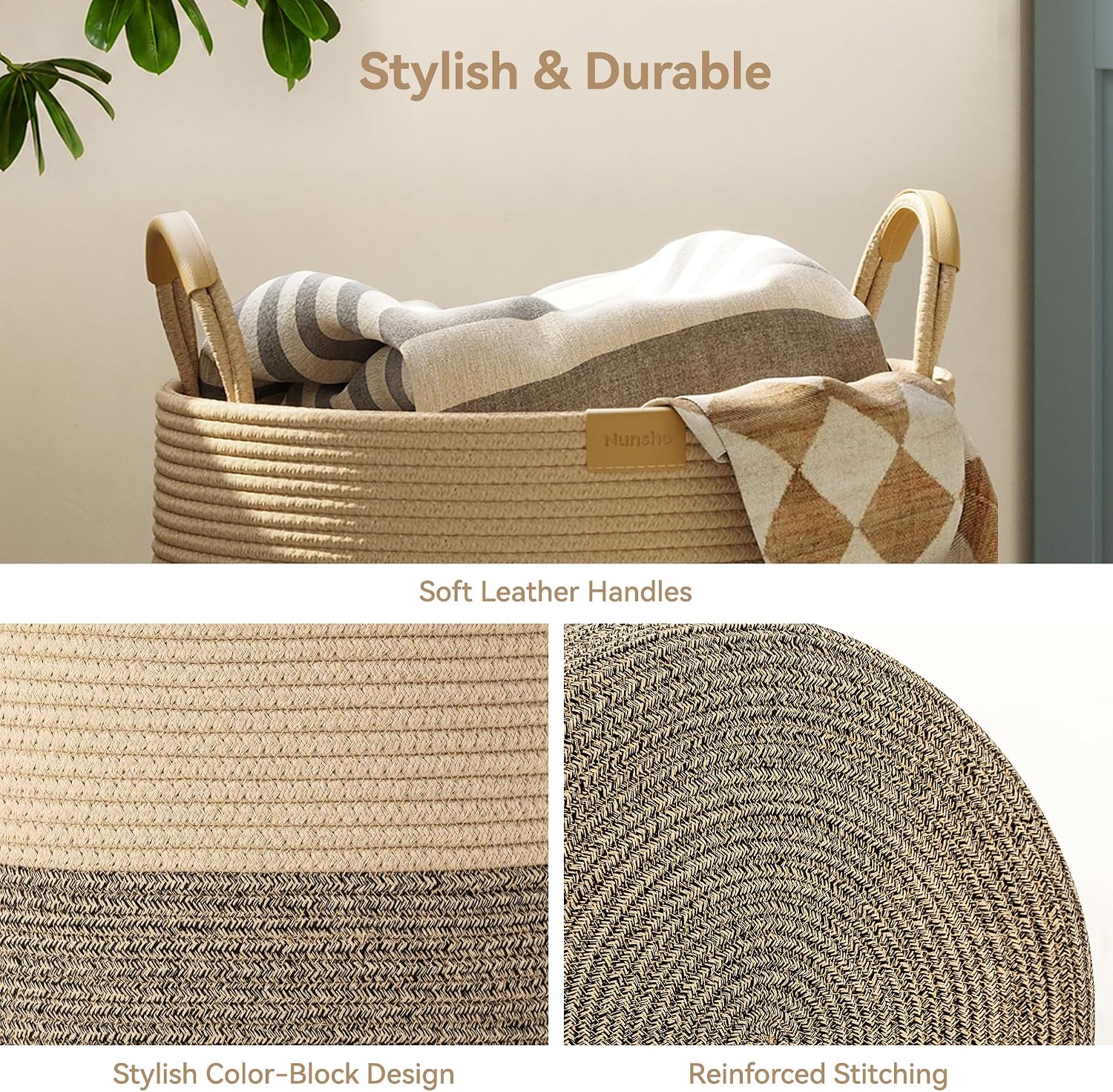 Nunsino 115L Woven Blanket Basket with Leather Handles, Cotton Rope Laundry Basket Hamper,Decorative Nursery Basket Toy Storage Basket for Kids, Living Room, Bedroom, Dark Brown Stripes