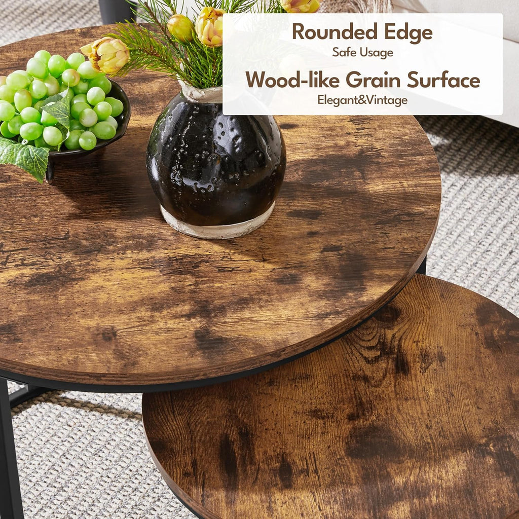 Yaheetech Small Round Nesting Coffee & Side Table Set of 2, Rustic Brown | Space-Saving Nesting Design, Engineered Wood Tops on Black Metal Frames, Use Apart as End Tables, Easy Assembly, 99 lb Max