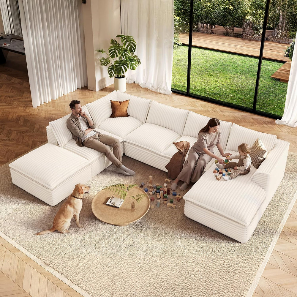 Vesgantti 7 Seater Plush Corduroy Couch, 141.7" Large Sofa, Beige | Over...
