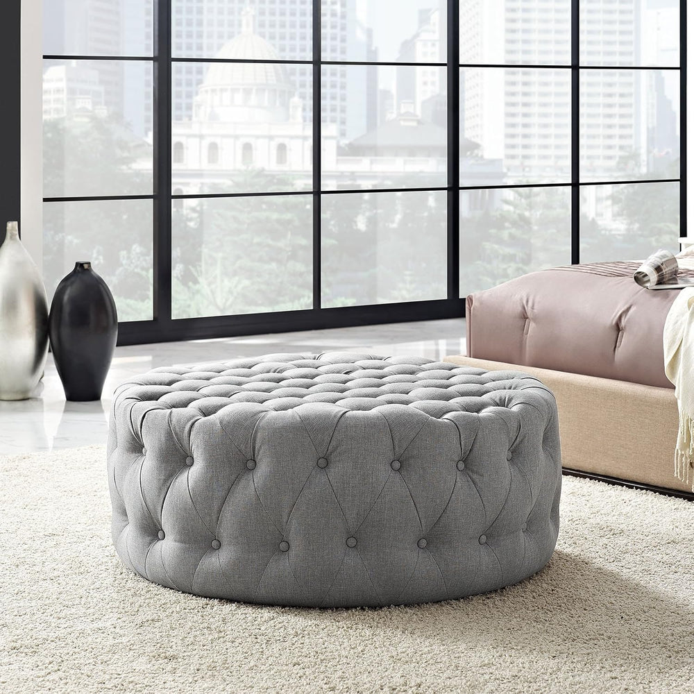 ModwayEEI-2225-LGRAmourFabric Upholstered Button-Tufted RoundOttomanLight Gray