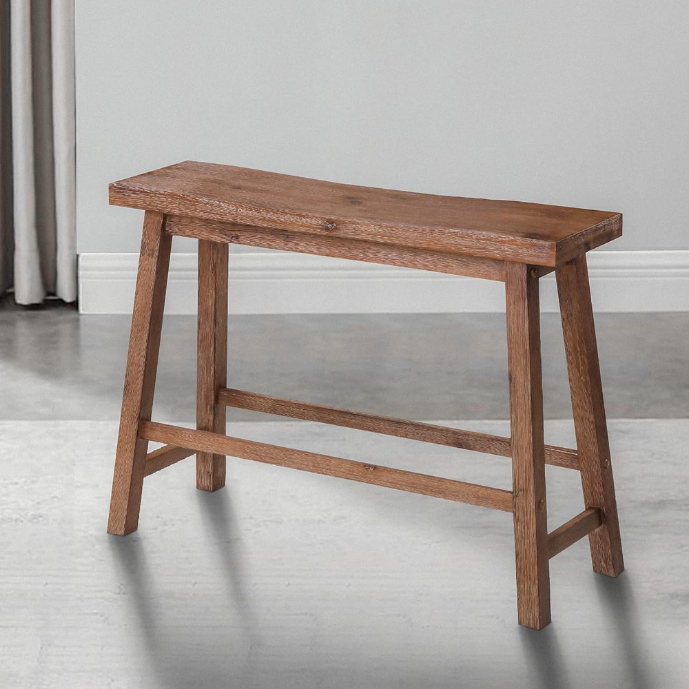 Benjara 33 Inch Saddle Seat Bench, Sandblasted Antique Brown Acacia Wood, Ang...