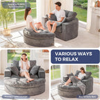 MAXYOYO Oversized Round Chaise Lounge Sofa, Upholstered Lounge Chair with 3 Pillows, Boneless Sofa Couch with Ottoman, Deep Seat Chair for Living Room, Bedroom, No Assembly, Dark Grey
