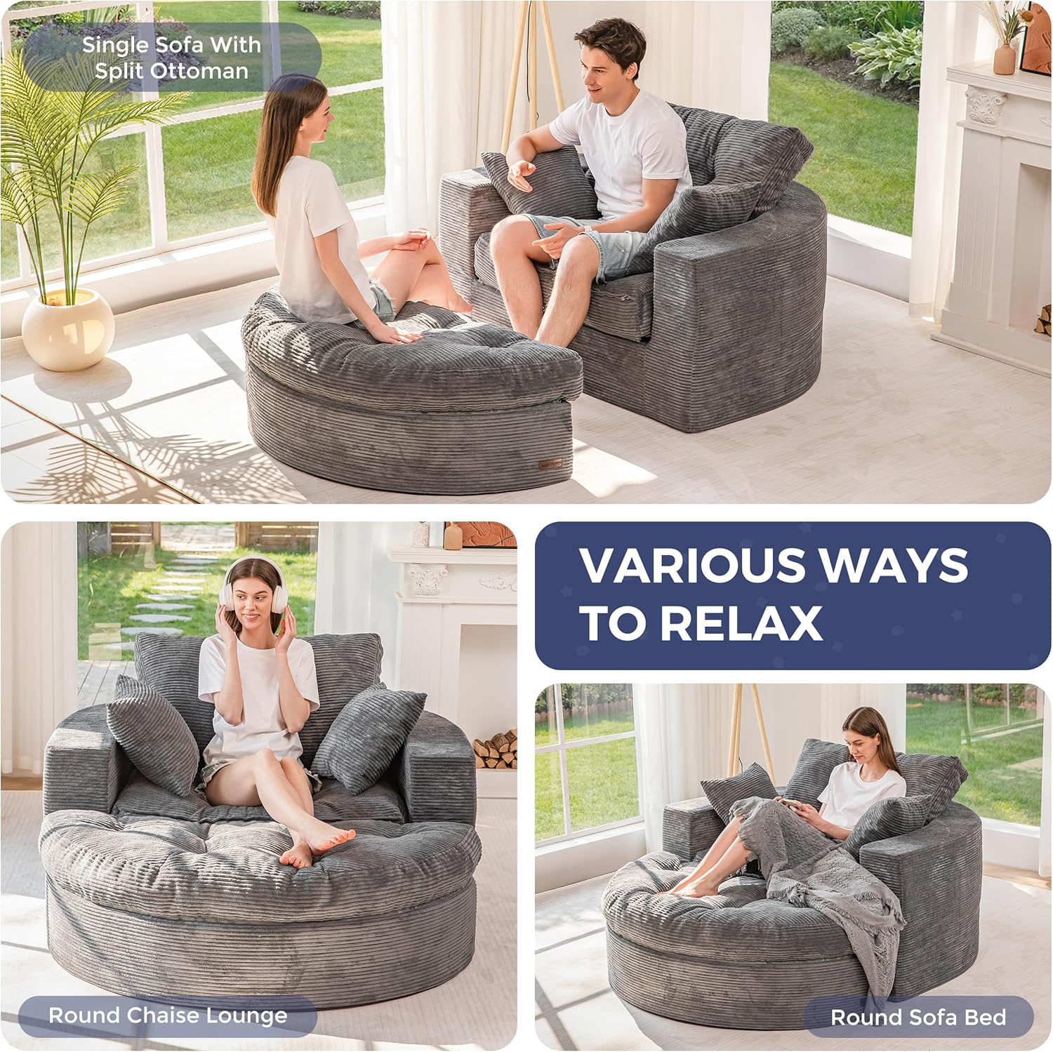 MAXYOYO Oversized Round Chaise Lounge Sofa, Upholstered Lounge Chair with 3 Pillows, Boneless Sofa Couch with Ottoman, Deep Seat Chair for Living Room, Bedroom, No Assembly, Dark Grey