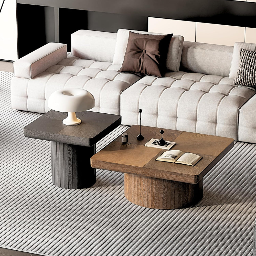 2-Piece Nesting Coffee Table Set, Square Parquet Top Sculptural Base Wood | N...