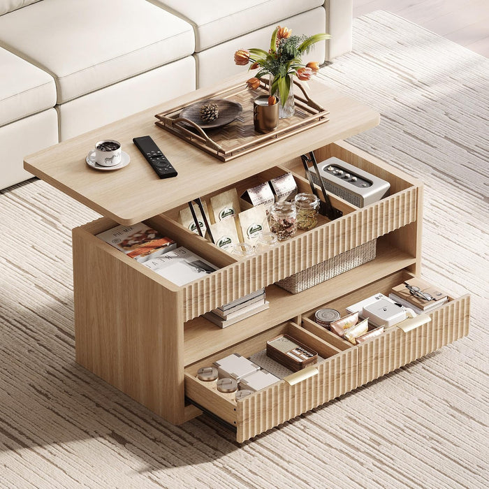 LINSY Home Lift Top Coffee Table with Hidden Storage, Adjustable Shelf, Oak | Farmhouse Wood Coffee Table with Metal Handles for Dining/Living Rooms/Office, Fluted Design