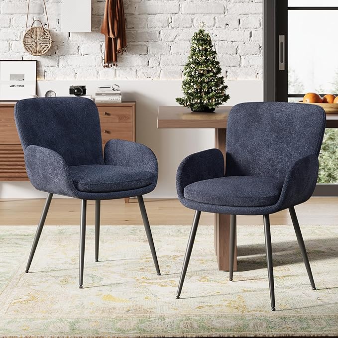 VKNOW Modern Dining Chairs Set of 6, Upholstered Dining Room Chair with Armrest, Kitchen Chairs with Curved Ergonomics Backrest for Living Room, Dining Room, Kitchen, Navy Blue