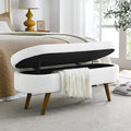 Ottoman Oval Storage Bench with Rubber Wood Legs,Linen Fabric Storage Footstool,for Bedroom, Entryway, Living Room, White(43.5"x16"x16")