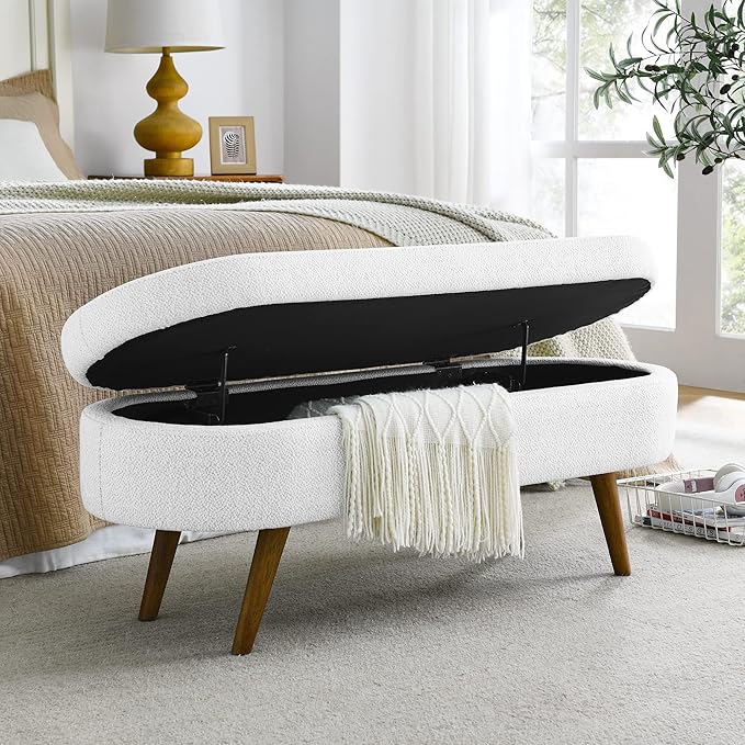 Ottoman Oval Storage Bench with Rubber Wood Legs,Linen Fabric Storage Footstool,for Bedroom, Entryway, Living Room, White(43.5"x16"x16")