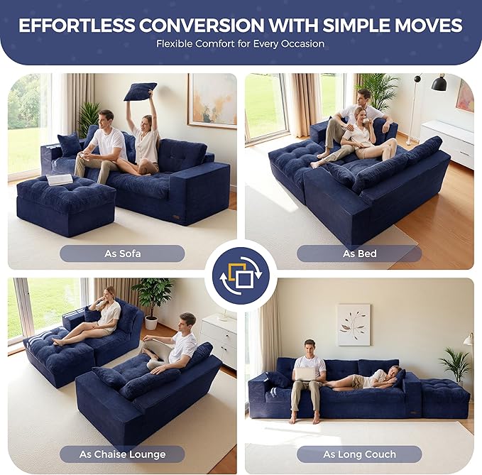 MAXYOYO L Shape Sectional Sofa Couch and Round Chaise Lounge, Modern Cloud Couch with Ottoman, Comfy Sofa with Layered Cushion, Tufted Upholstered Sleeper Chair for Living Room, No Assembly Required