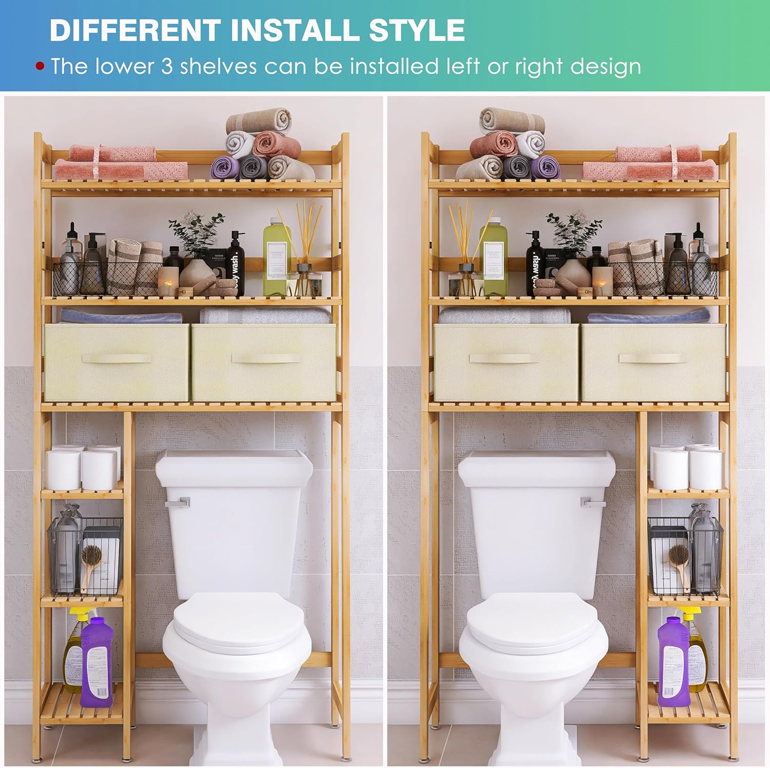 SMIBUY Over The Toilet Storage, Bamboo 6-Tier Bathroom Storage Shelf with Drawers, Freestanding Above Toilet Organizer Rack, Mass-Storage, Space Saver for Small Room (Natural)