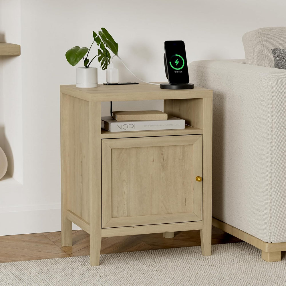 EYYTHUNG Farmhouse End Table with Charging Station Set of 2, Modern Nightstan...