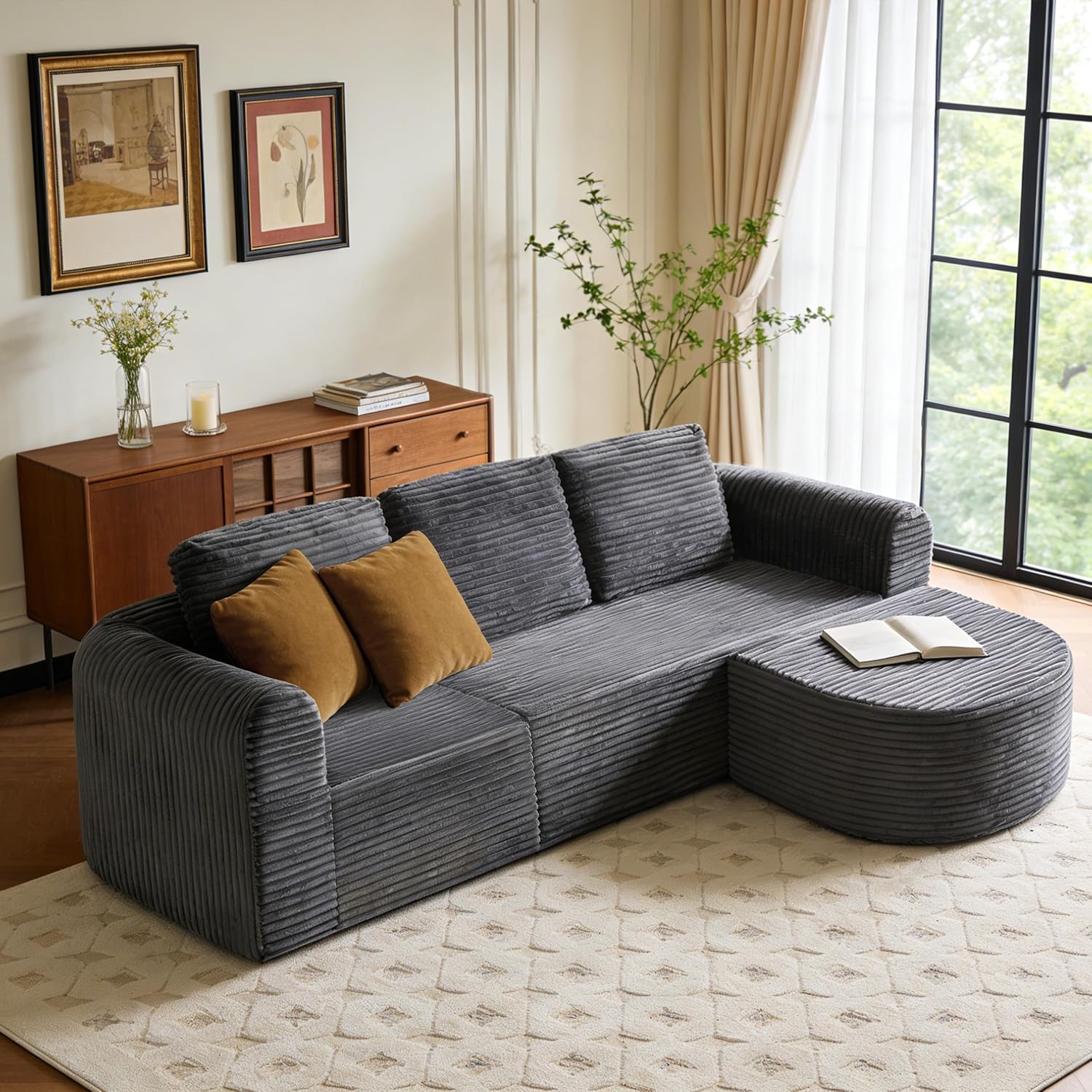 108” Modular Sectional Sofa, Boneless Couches for Living Room, Deep Seat L-Shape Cloud Couch with Chaise, Comfy Sofa Freely Change Configurations No Assembly Required, Soft Plush Corduroy Fabric(Grey)