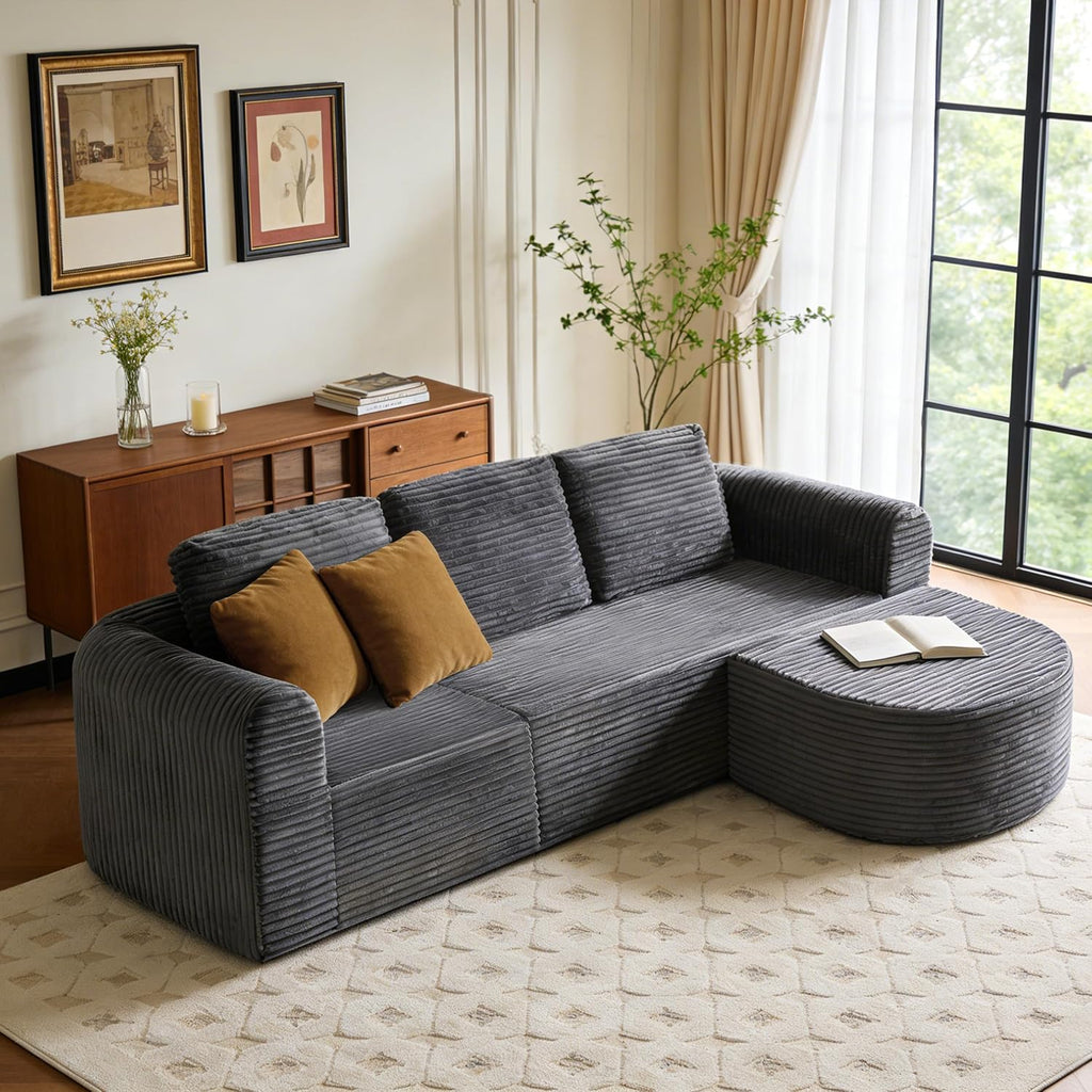108” Modular Sectional Sofa, Boneless Couches for Living Room, Deep Seat L-Shape Cloud Couch with Chaise, Comfy Sofa Freely Change Configurations No Assembly Required, Soft Plush Corduroy Fabric(Grey)