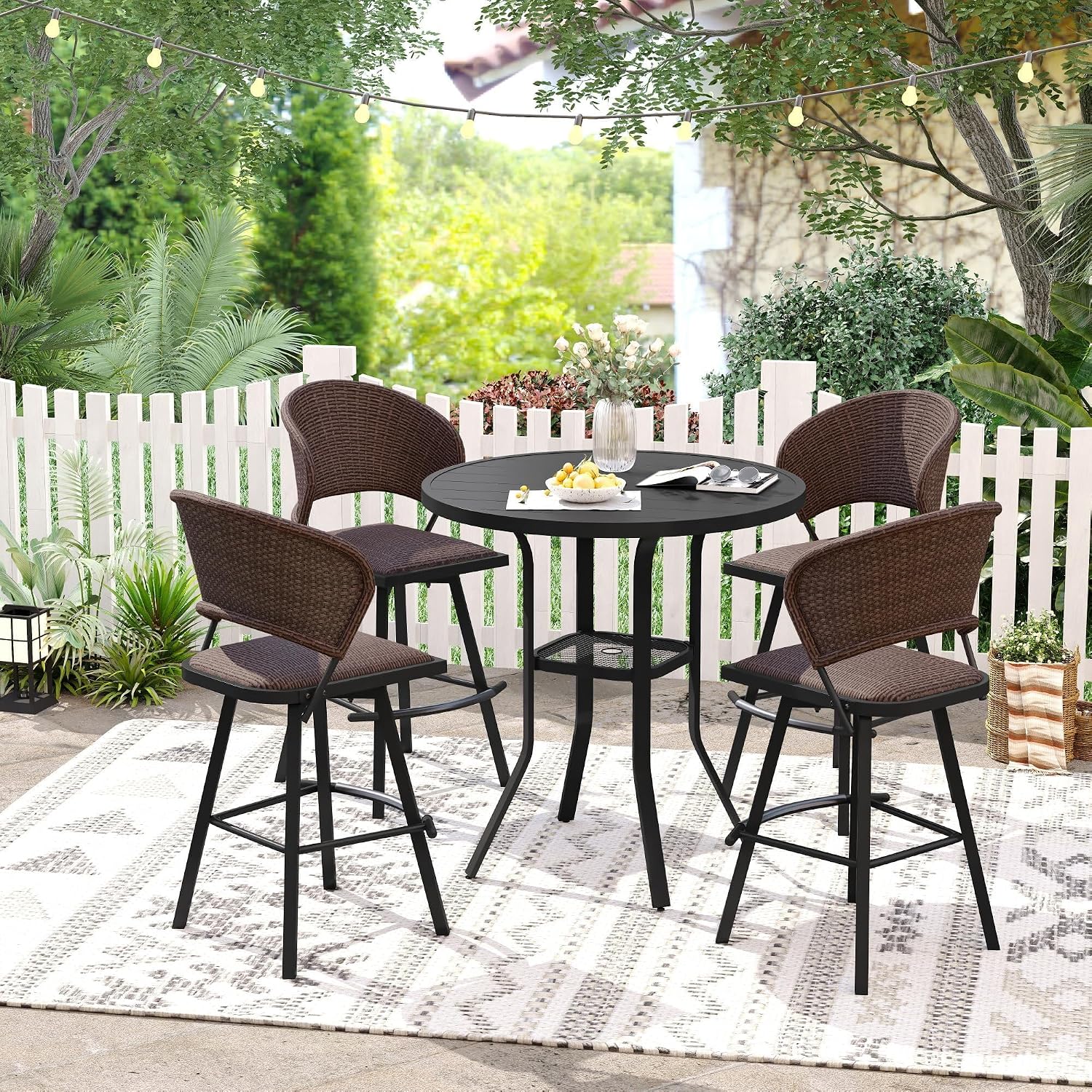 VICLLAX Patio Bar Height Table, Outdoor Round Bar Table with Umbrella Hole for Balcony, Porch, Deck, 37" Black