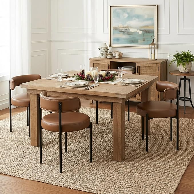 Faux Leather Dining Chairs Set of 6, Mid Century Modern Dining Room Chairs with Barrel Backrest, Upholstered Brown Kitchen Chairs for Dining Room, Restaurant