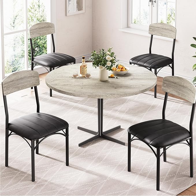 Dining Chairs Set of 4 - Upholstered Dining Room Chairs with PU Leather, Industrial Kitchen Chairs with Wooden Backrest and Thickened Metal Legs, for Dining Room, Living Room（Gray）