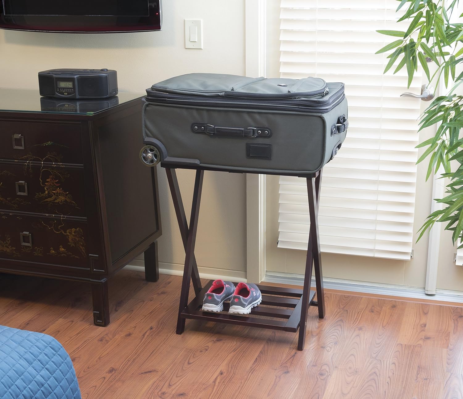 Lipper International 502E Right Height Folding Luggage Rack with Bottom Shelf, Espresso Finish