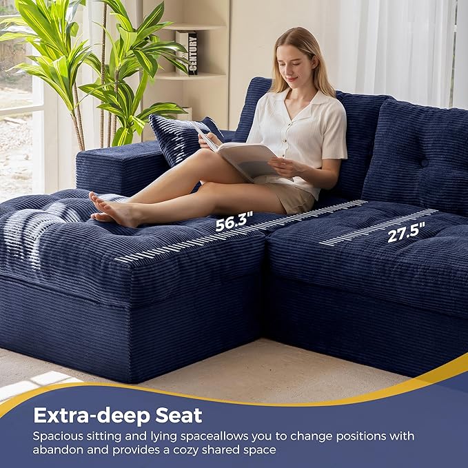 MAXYOYO 104" L Shaped Modular Sectional Sofa with Ottoman, Tufted Boneless Couch with Layered Cushion, Upholstered Flexible Module Combination Sofa for Living Room, No Assembly, Navy
