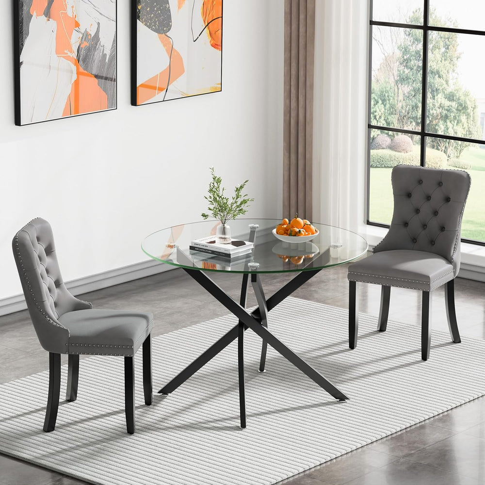 Modern Glass Dining Table Round Dining Room Table with Tempered Glass Top, Bl...