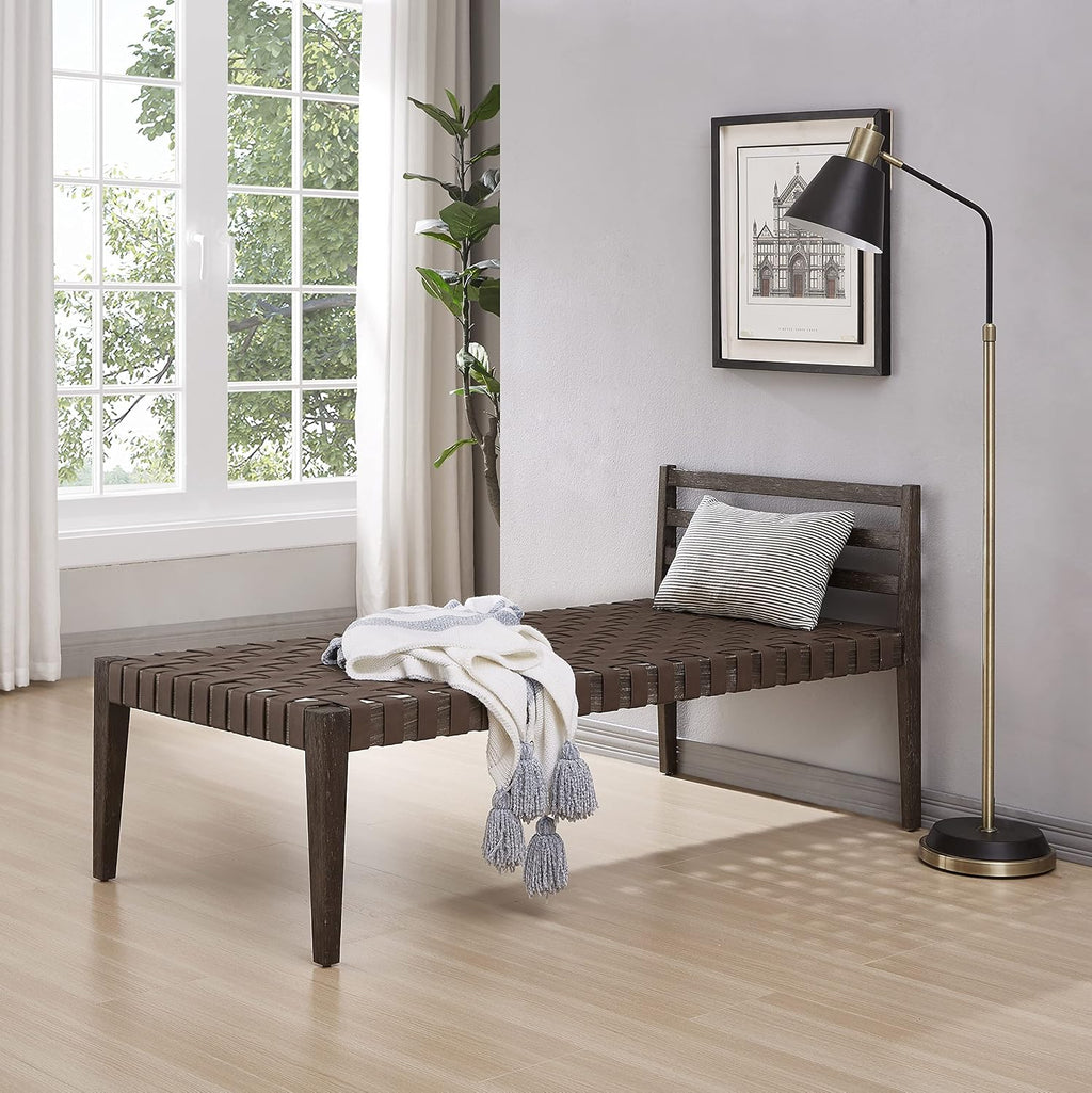 Ball & Cast Mid Century Daybed Faux Leather Woven Chaise Lounge Weave Leather Bench, 58 Inch Dark Brown