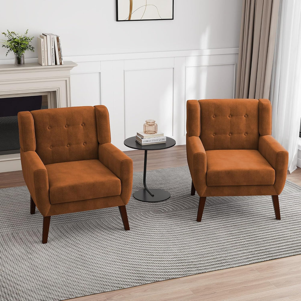 Accent Chairs Set of 2, Velvet Upholstered Armchair, Orange | Mid Century Mod...