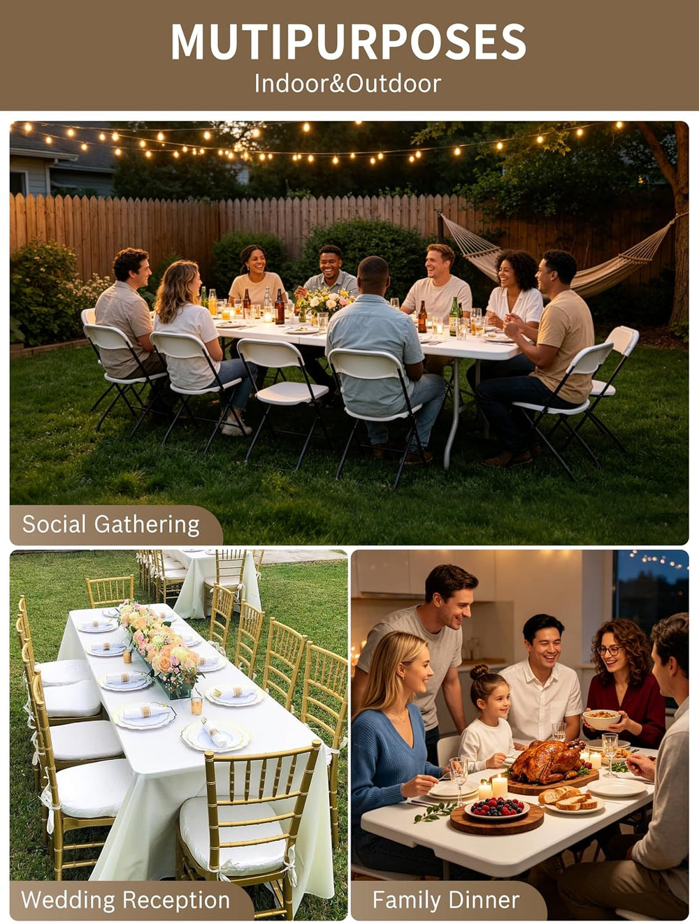 8ft Folding Table, Heavy Duty White Large Portable Foldable Table | Plastic 8...