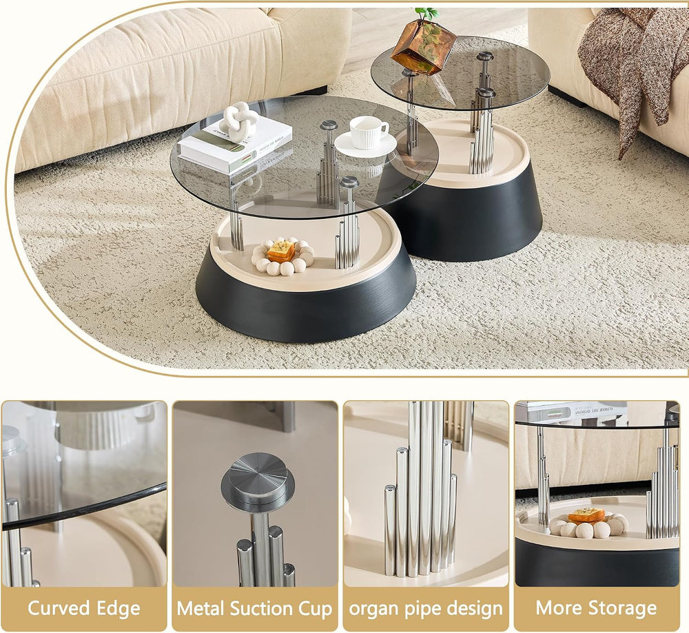 2-Piece Nesting Coffee Table Set with Tempered Glass Top, Black and Silver | ...