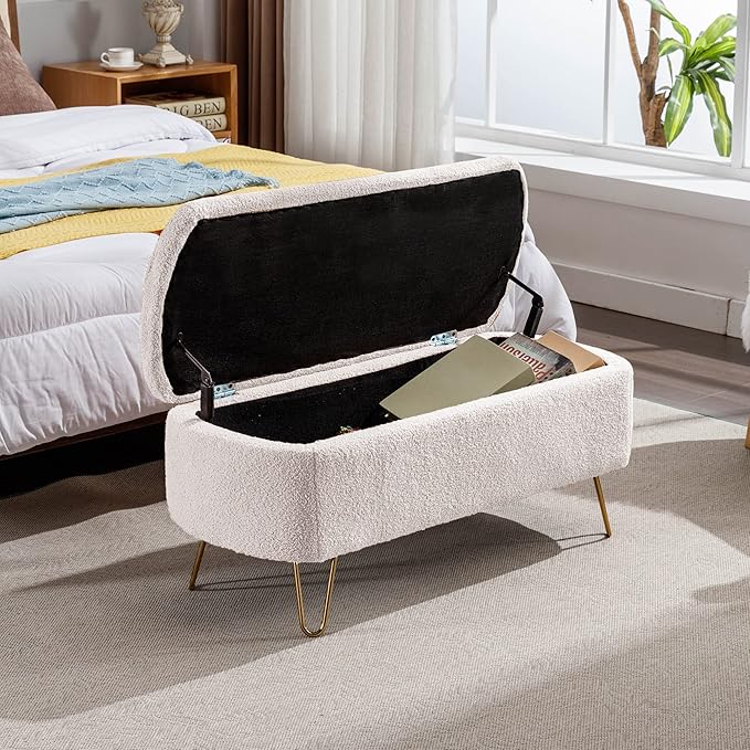 Storage Ottoman for End of Bed with Gold Legs, Modern Faux Fur Entryway Bench,for Living Room，Bedroom，End of Bed,Ivory White