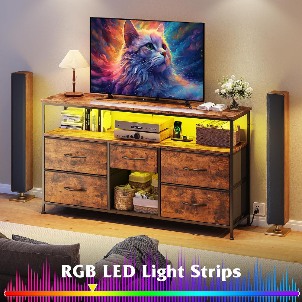 EnHomee TV Stand for Bedroom with LED & Outlets, 5-Drawer Storage, Brown ...