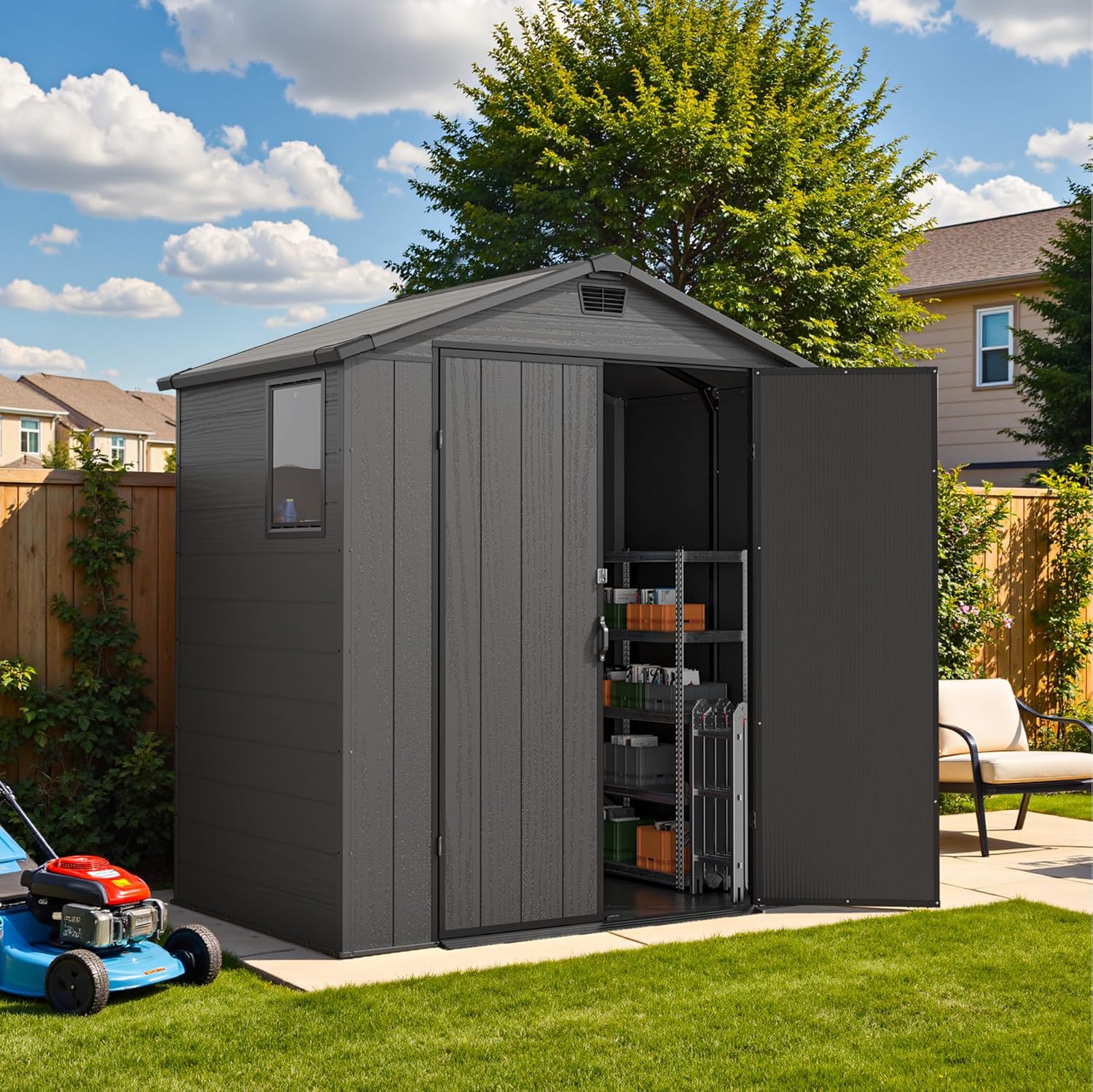 Devoko 6x4 FT Plastic Outdoor Storage Shed - Lockable Resin Tool Shed with Window & Floor - Easy Assembly for Garden, Backyard, Dark Gray