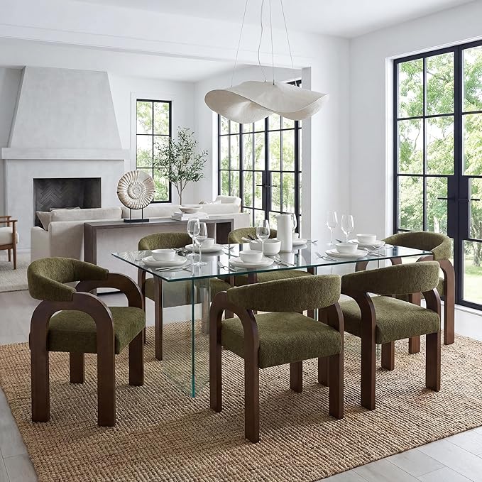 Farmhouse Dining Chairs Set of 2 - Upholstered Armchairs with Chenille Cushions & Curved Wooden Arms, Barrel Wood Kitchen Chairs for Dining Room/Cafe/Kitchen Island (Sage Green)