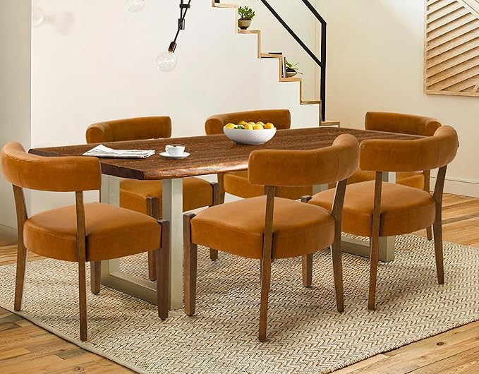 Modern Dining Chairs Set of 6, Faux Leather Upholstered Kitchen & Dining Room Chairs, Mid Century Modern Wooden Dining Chairs Oversized Sturdy Rounded Chairs Curved Back, Brown