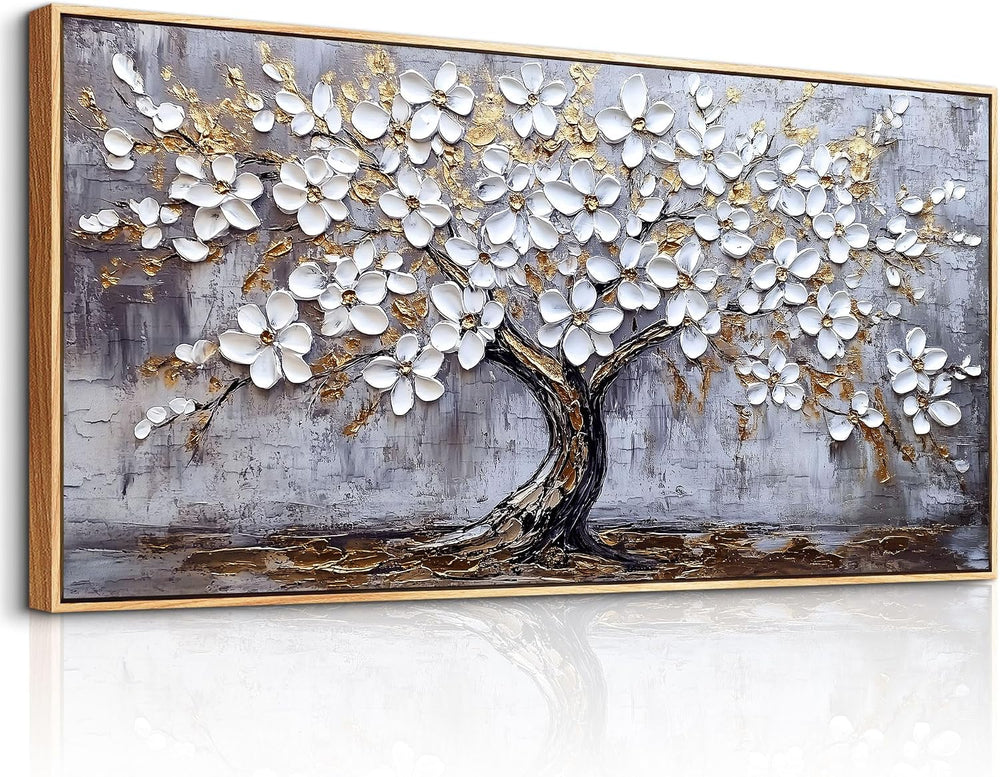 DZRWUBHS Tree of Life Wall Art, Large Wall Art, Framed Wall Decor, White Gold...