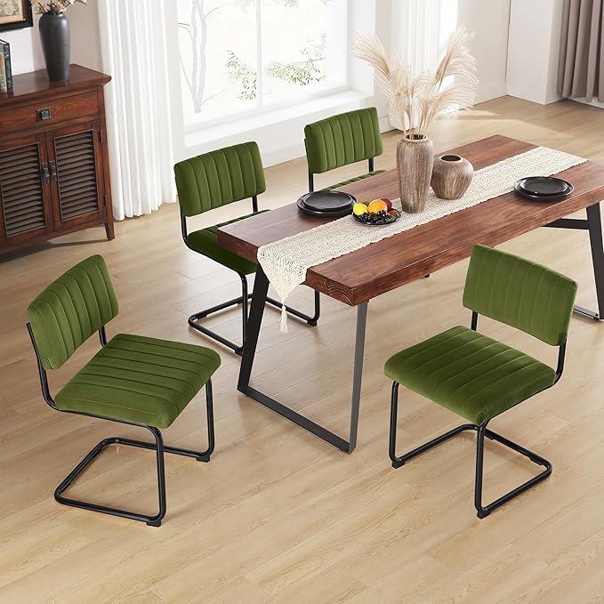 ONEVOG Mid Century Modern Dining Chairs Set of 4, Green Velvet Kitchen Chairs with Tufted Backs, Upholstered Wide Seat, Armless Cantilevered Chairs with Metal Legs for Kitchen Living Room
