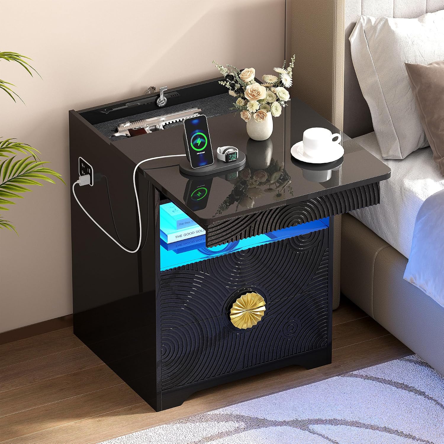 FREDEES LED Night Stand with Gun Drawer & LED Light | 3-Color Lights & Human Body Sensor, Smart Charger Station, 2 DrawersHidden Storage, End Table Bedroom Livingroom