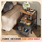 WLIVE Nightstand with Charging Station, LED Night Stand with 2 Fabric Drawers and Open Shelf, Small Dresser for Small Spaces, Side End Tables for Bedroom, Rustic Brown and Black