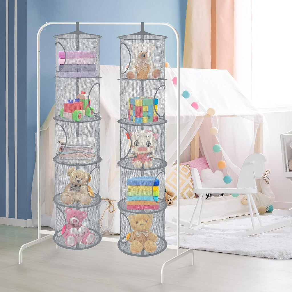 Libeder Mesh Hanging Storage Space Saver Bags Organizer,Foldable Storage Organizer 5 Compartments Toy Storage Basket for Kids Room Bathroom 2 Sets Grey