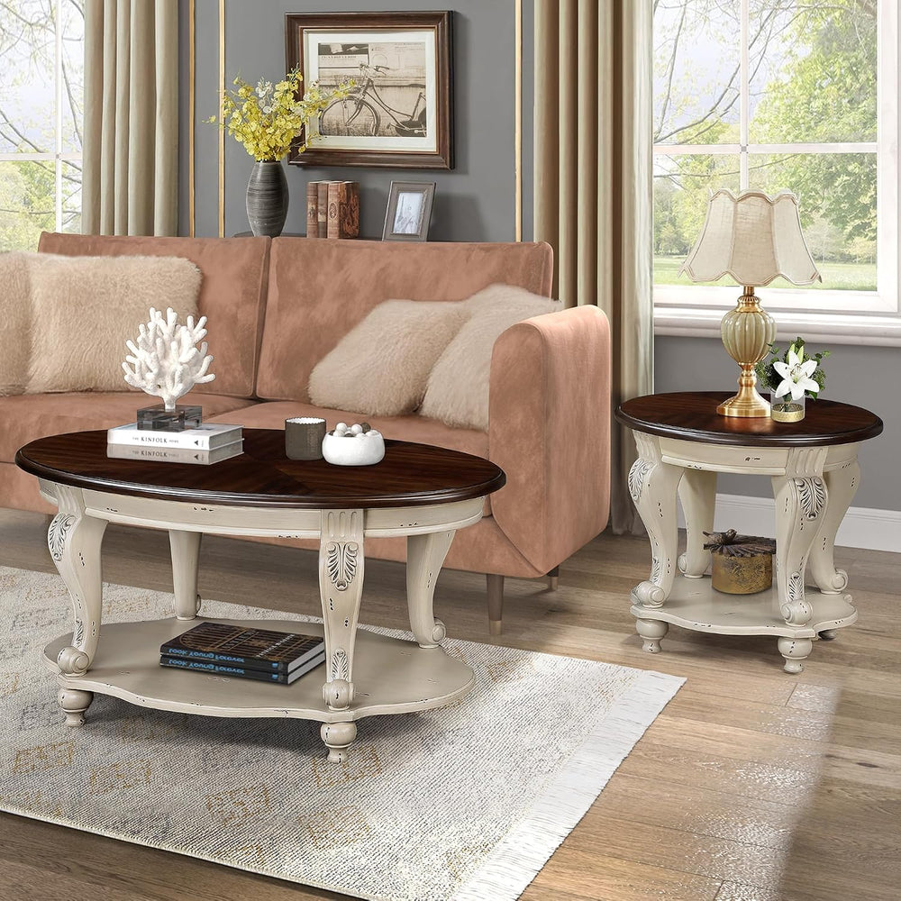 P PURLOVE 22'' Two Tone Round End Table with Shelf for Living Room, S...