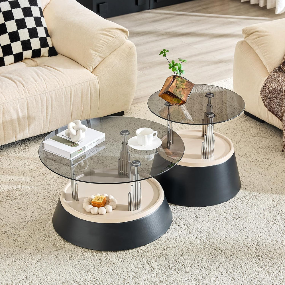 2-Piece Nesting Coffee Table Set with Tempered Glass Top, Black and Silver | ...