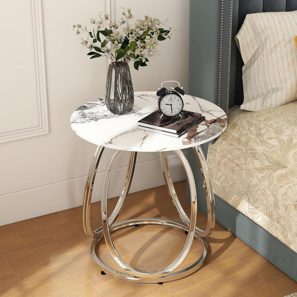 O&K FURNITURE Silver Side Table Living Room, Round End Table with Metal F...