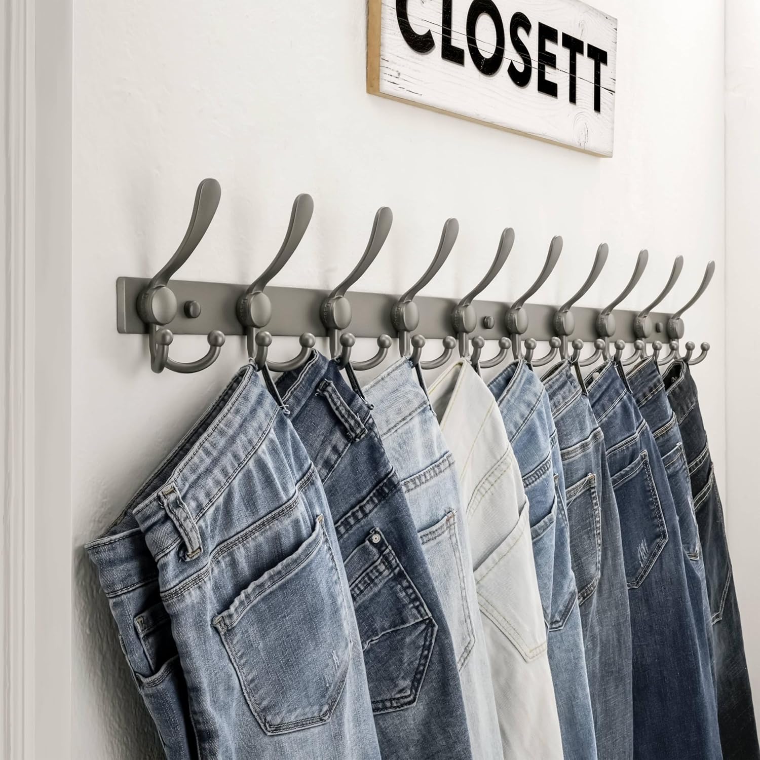 Dseap MaxStrong 2.0 Coat Rack Wall - 37” Long 10 Tri Hooks - Ultra Heavy-Duty Stainless Steel Wall Mount Coat Hanger, Hook Rail for Clothes Hats Jacket Towels Grey